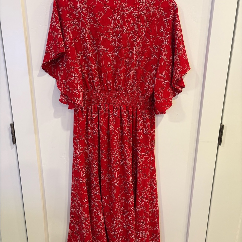 Max Studio Red Short Flutter Sleeve Sleeve Midi Dress With Tie Neck - Picture 5 of 6